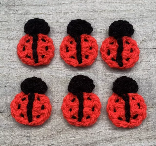 6 x Handmade Crochet Ladybird Applique, Embellishment, Motif, Card Making, Craft