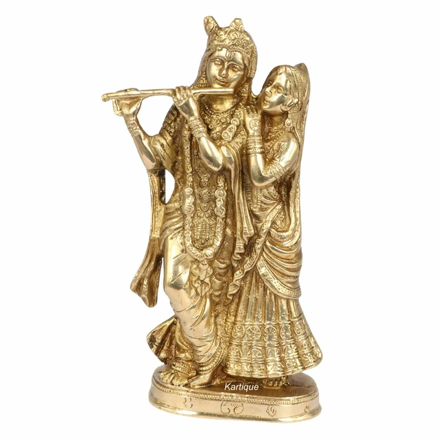 Brass Lord Radha Krishna Couple Playing Flute Murti Statue Idol God Figurine
