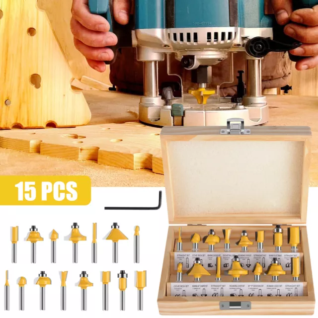 New 15Pc 1/4" Shank Router Cutter Bits Set Tungsten Carbide Milling With Case UK