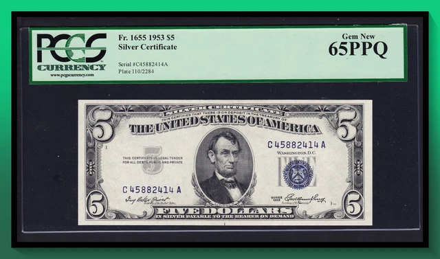 Fr. 1655 1953 $5 Silver Certificate PCGS 65 PPQ GEM UNC