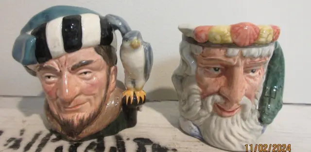 2 Miniature Royal Doulton Character Jugs The Falconer D6547 & Neptune Dd6555 Vgc