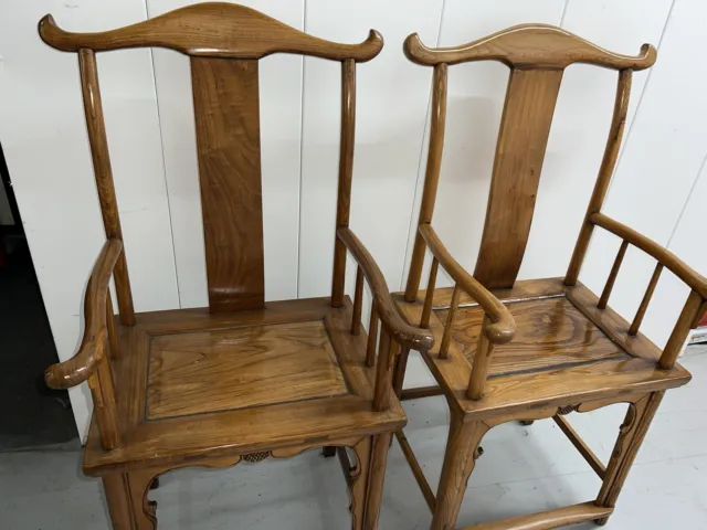 Antique Chinese Ming Traditional Elm Yoke-Back Armchair Set.
