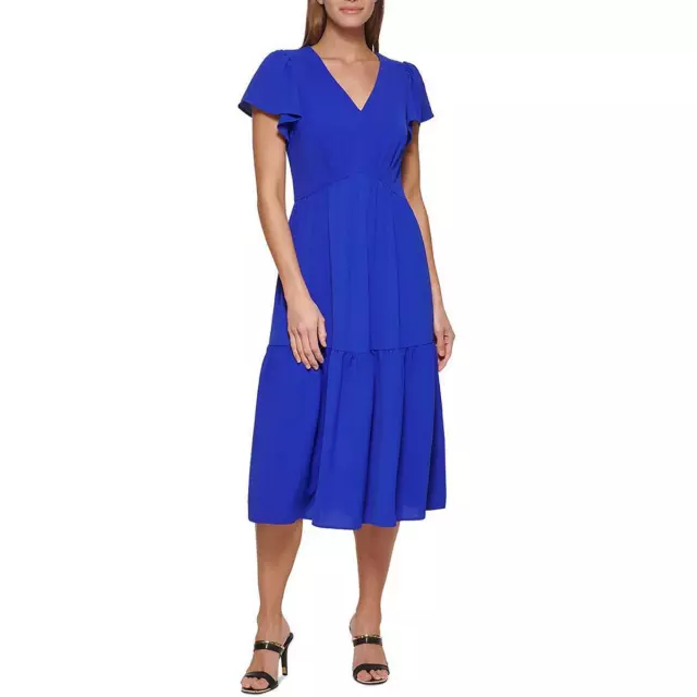 DKNY Womens Blue Tiered Midi Short-Sleeve Fit & Flare Dress Petites 6P BHFO 5039