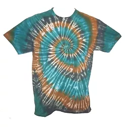 Hand-crafted TIE-DYE T-shirt ~ NEW ~  Aqua, Green & Bronze Spiral / SM - XL