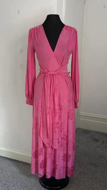 BNWOT Ladies Zara Elegant Pink Floral Occasion Wrap Maxi Dress Size S (Uk 8-10)