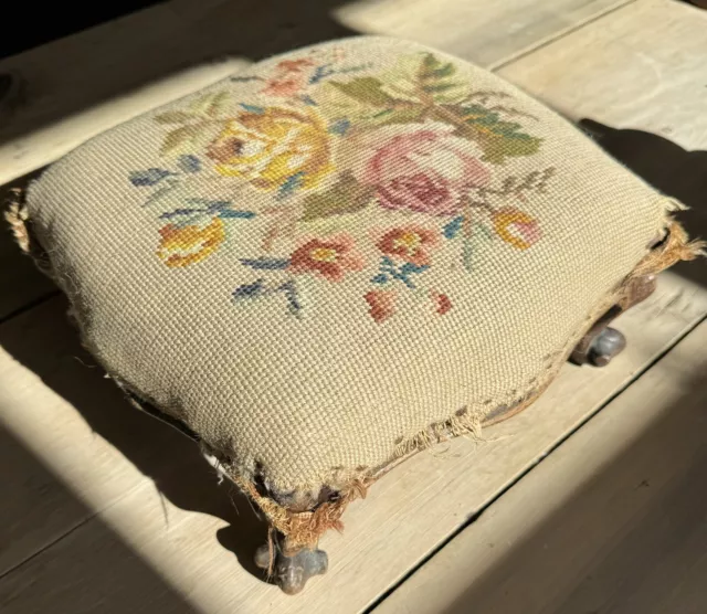 Antique Victorian Embroidered Beadwork Footstool