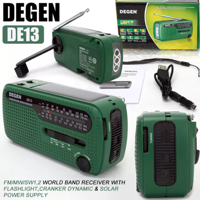 DEGEN DE13 Hand Crank Solar Radio FM AM Shortwave NOAA Portable Receiver Gifts