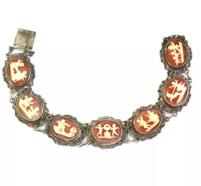 Antique Italian 800 Silver Carved Shell Cameo Roman Scene Bracelet
