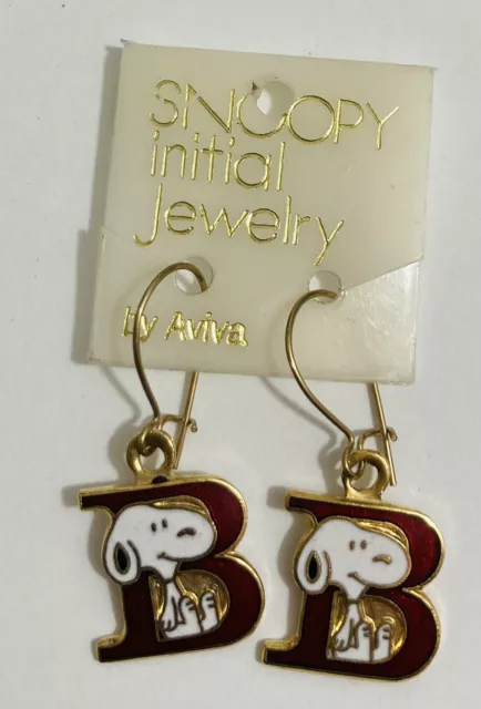 ✨ VTG 1970's Aviva Snoopy Initial Jewelry Cloisonné Alphabet Earrings Letter B ✨