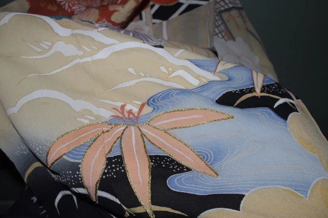 Classic! Antique Vintage Japanese Kimono Kuro furisode hikizuri Taisho Showa 11