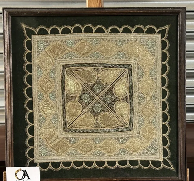 Beautiful Antique Frame & Glazed Hand Made Indian Textile Embroidery