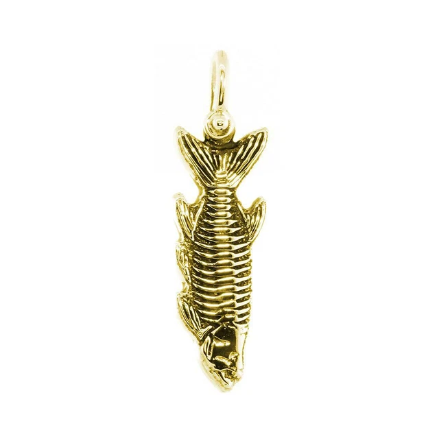 Hanging Fish Skeleton Charm with Black, 1 Inch Size by Manny Puig in 18k Yellow
