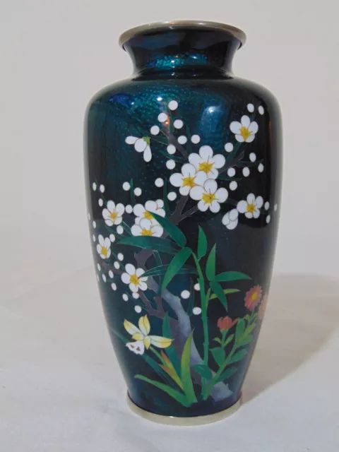 Sato Green Blue Foil Silver Cloisonne Vase Flowers Cherry Blossoms 7 1/4” Mums