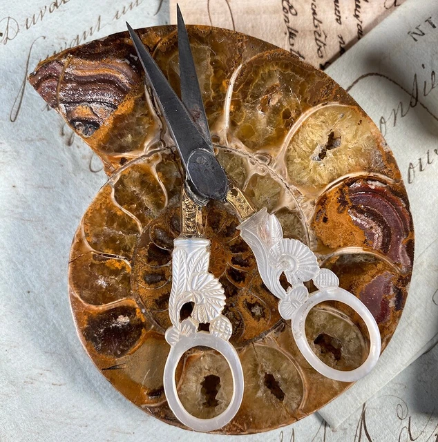 Antique Pair of French Palais Royal Carved Mother of Pearl & 18k Sewing Scissors