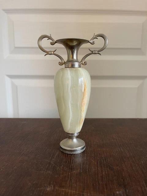 Vase bougeoir amphore albâtre ancien & vintage 15cm - onyx - métal - Décoration