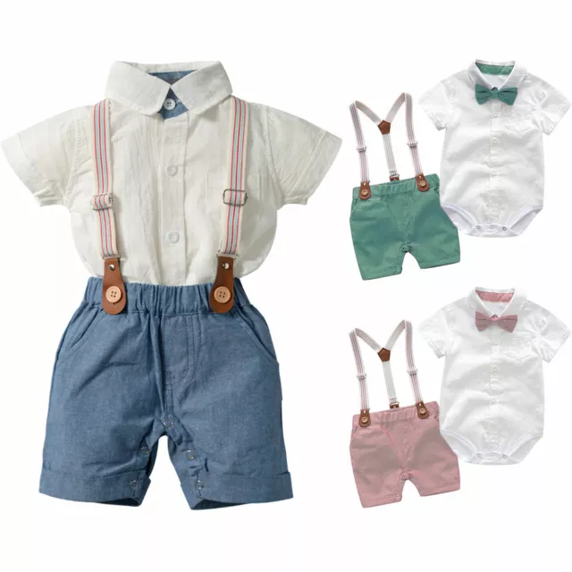 Baby Jungen Gentleman Outfits Anzüge Kurzarm Strampler+Hosenträger+Fliege Outfit