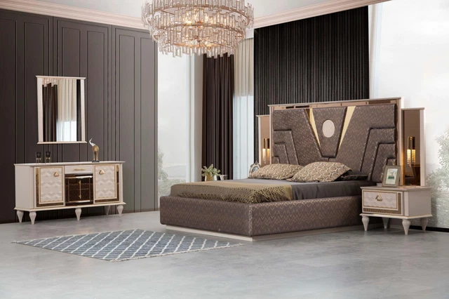 Chambre Set 4 Pièces Design Moderne Luxe Lit 2x Table de Chevet Commode Complète