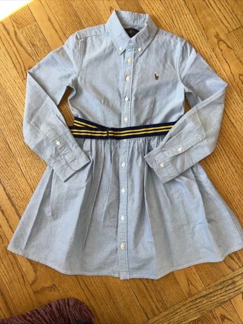Ralph Lauren Girls Oxford Button Down Shirtdress W/Belt Size 8 Never Worn NWOT