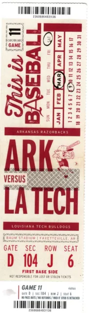 Arkansas Razorbacks Baseball Ticket Stub LA Tech Game 3/9/2019 Baum Stadium
