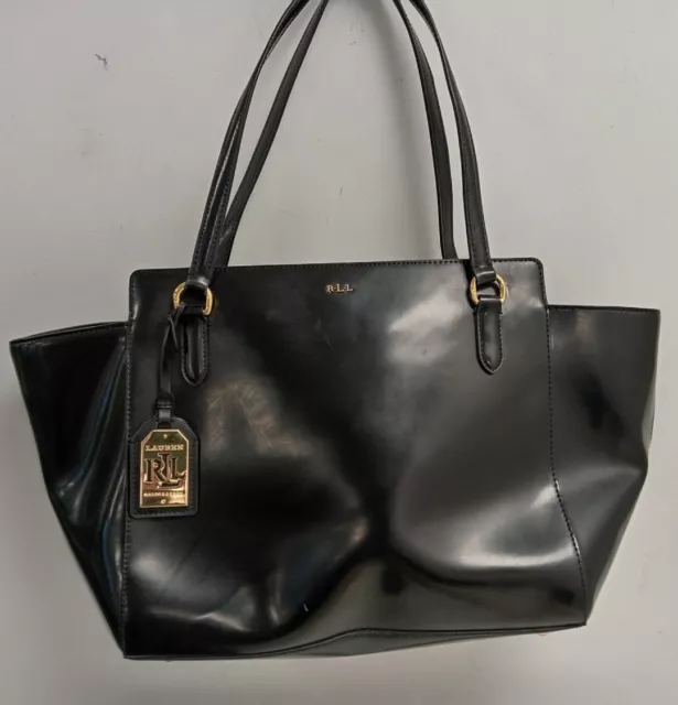 Ralph Lauren Women's Handbag Black Leather Top Handle Bag Zip Closure