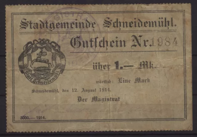 [18755] - NOTGELD SCHNEIDEMÜHL (heute: Piła), Stadt, 1 Mark, 12.08.1914. Dießner