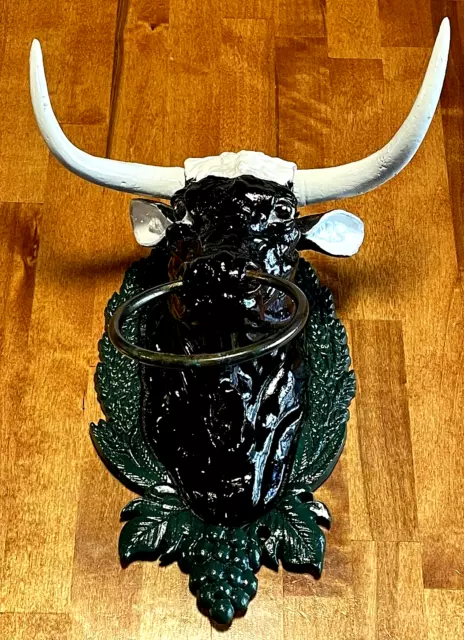 Vintage Cast Iron Steer/Bull Head Mount W/Brass Ring Hitching Post Ranch/Barn LG