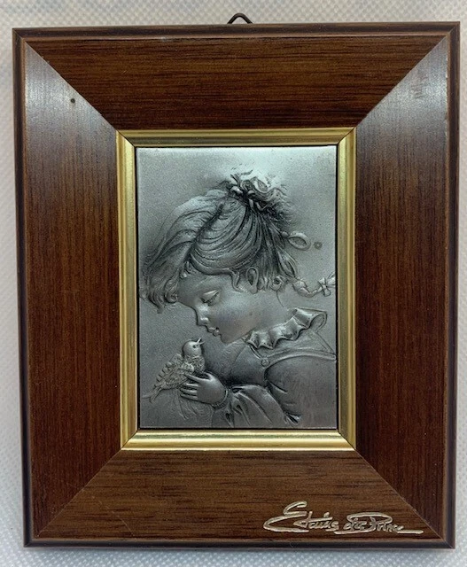 Broche Vintage Années 1950 - Jeune Fille à L'oiseau Sous Plexiglass - Multicolore