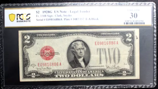 1928-G $2 Legal Fr. 1508 EA Block PCGS 30 VERY FINE BRIGHT CLEAN