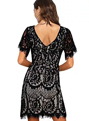 MSLG Lace Cocktail Dress for Wedding Women Summer Short V-Back Casual Work Party