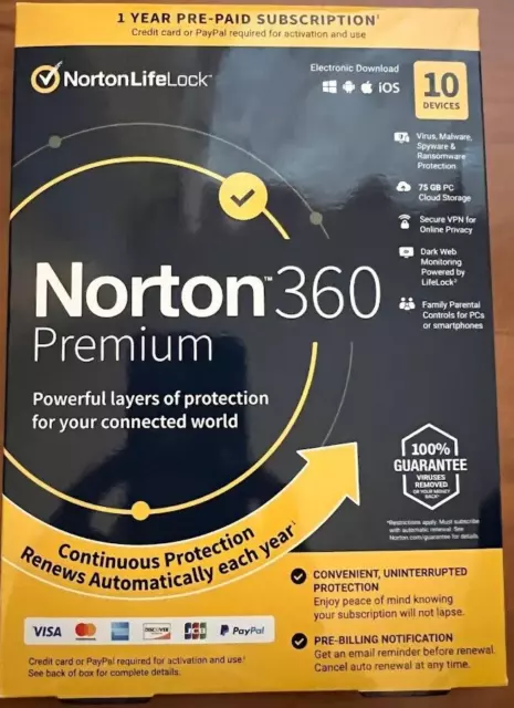 Norton 360 Premium 2023 10 Devices (PC Mac Android iOS) 1 Year  Free Shipping