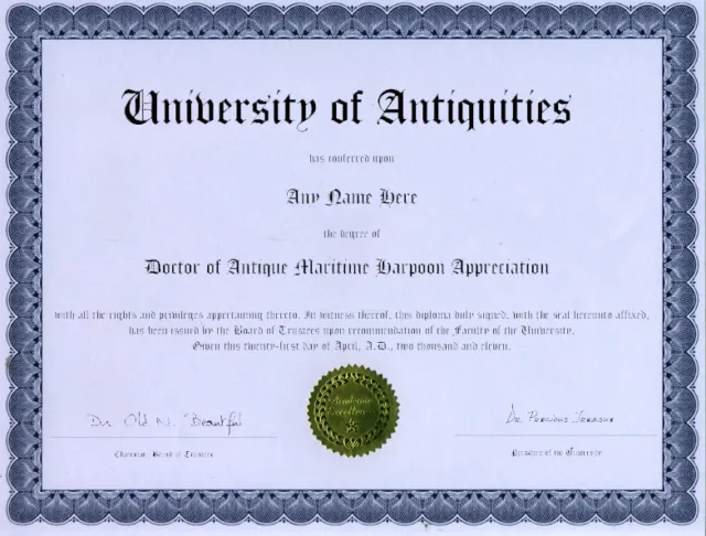 Doctor Antique Maritime Harpoon Appreciation Diploma