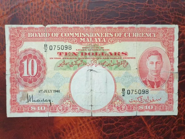 Old banknote from Board of Commissioners of Currency Malaya 10 dollars 1941
