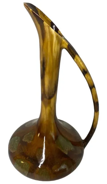 Midcentury Modern Art Pottery Vase Folk art Brown Tan Green Drip Glazed Handmade
