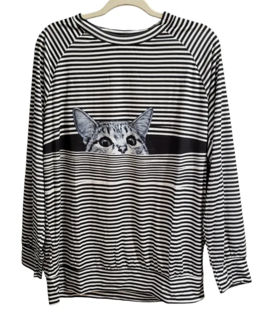 Misslook Top Women's XL Black White Cat Through Blinds Long Sleeve Cotton Blend