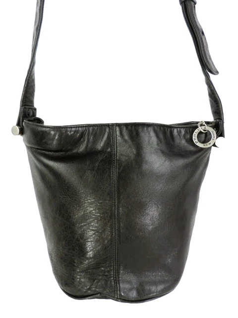 PERLINA New York Black Soft Leather Bucket Crossbody Shoulder Bag Handbag Purse