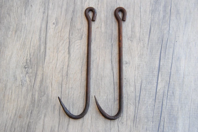2pcs Vintage large blacksmith forged meat butcher hanging hook farm decor tool