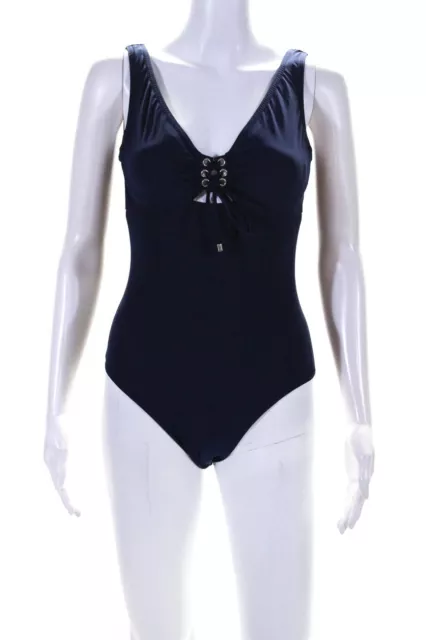 Karla Colletto Womens Lace Up Scoop Neck One Piece Swimsuit Navy Blue Size 6