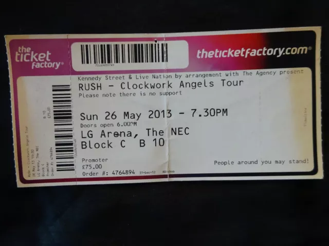 Rush Clockwork Angels Concert Ticket Stub 26 May 2013 Lg Arena Nec Birmingham