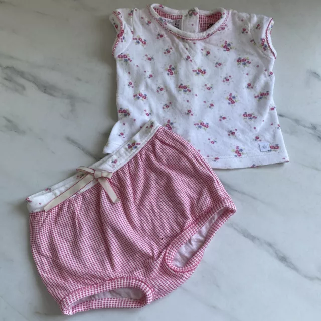 Petit Bateau 0-3M Baby Girls 2 Piece Summer T Shirt & Short Set 100% Cotton Vgc