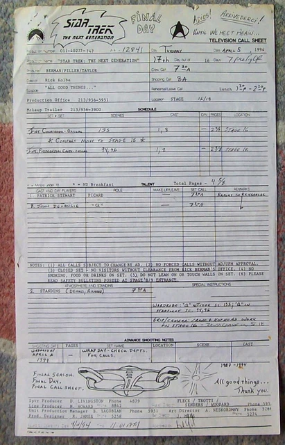 Original STAR TREK Next Gen WRAP Episode FINAL CALL SHEET  All Good Things '94