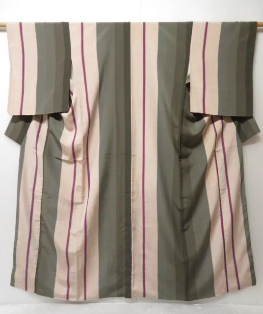 0614T09z800 Vintage japanische Kimono-Seide OMESHI KOMON Dunkelgrün-grau...