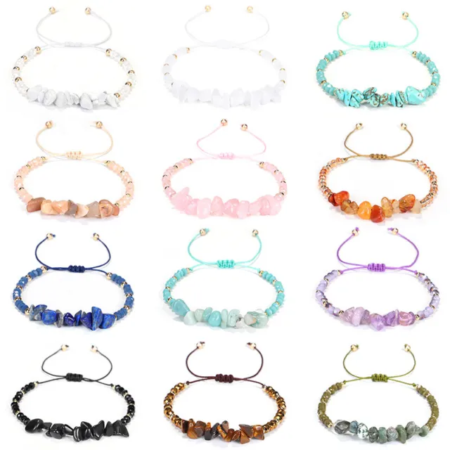 Colorful Natural Irregular Chip Stone Beads Handmade Braided Bracelets for Women