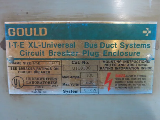 Gould U1C3100 100A 600V 3PH 3W Breaker XL-U Bus Plug Busplug UIC3100 UEC3100 ITE 2