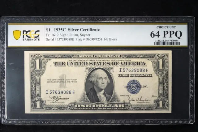 1935C $1 Silver Certificate Fr 1612 PCGS Choice Unc 64 PPQ I-E Block Dollar Note
