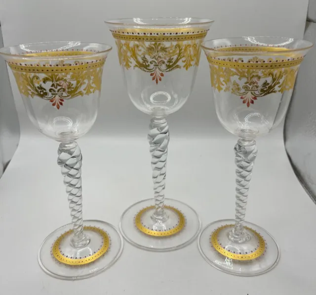 Moser Type Bohemian Hand Enameled & Raised Gold (1) Wine Glass + (2) Cordials