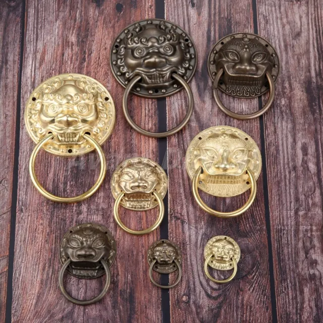 Antique Brass Cabinet Knob Lion Head Drop Ring Dresser Drawer Door Pull Decor