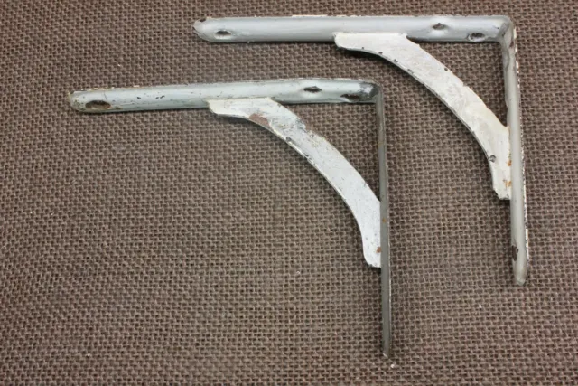 2 Old Shelf Support Brackets 4 X 5" Rustic White Silver Paint Vintage Industrial 2