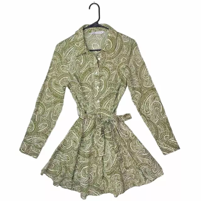 Zara Women’s Mini Dress Shirt 100% Cotton Belted Floral Print Green Size M