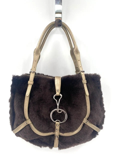 VTG DKNY Brown Teddy Shearling Fur Gold Metallic Leather Hobo Bag Large Tote
