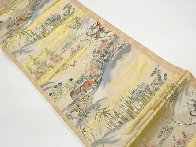 5764848: Japanese Kimono / Vintage Fukuro Obi / Woven Mandarin Ducks & Scenery